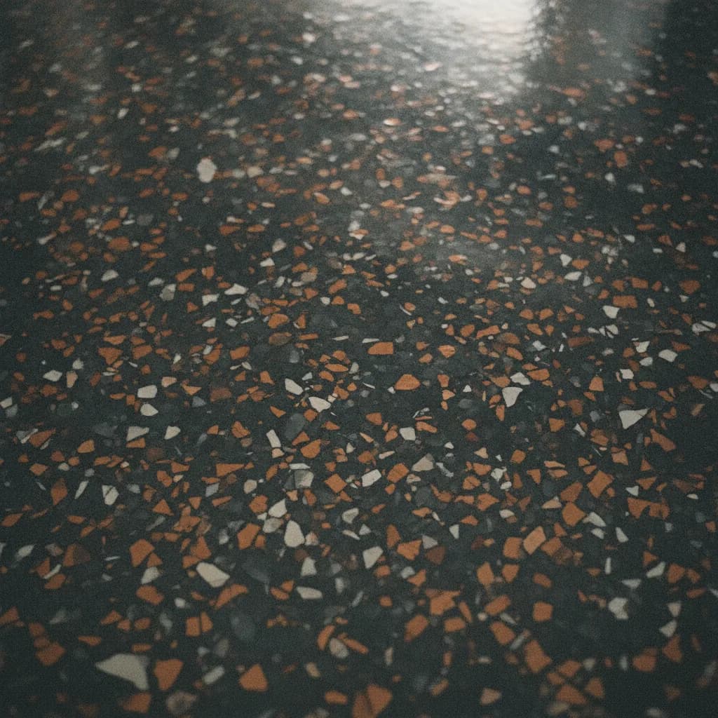 Charcoal and copper vinyl flake epoxy garage floor under a gloss top coat