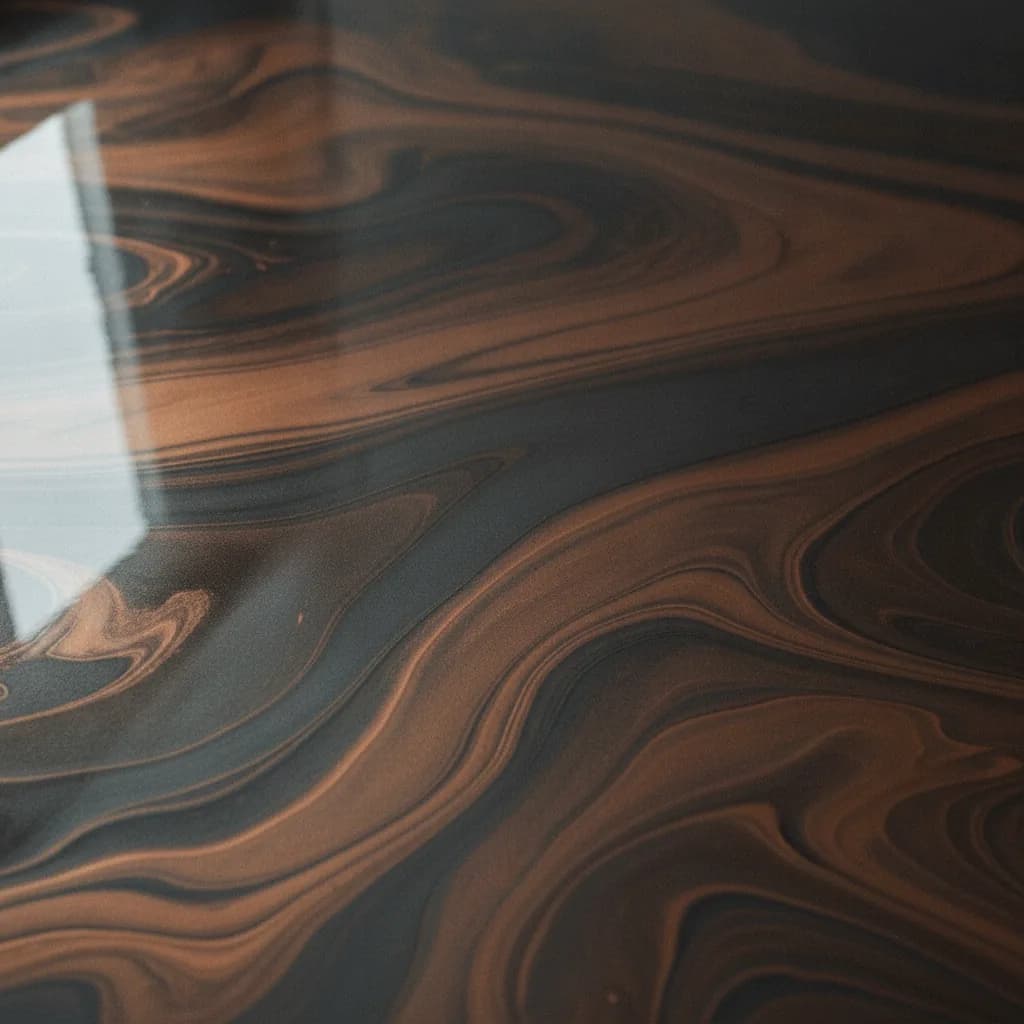 Marbled metallic epoxy floor finish with copper and graphite pigment